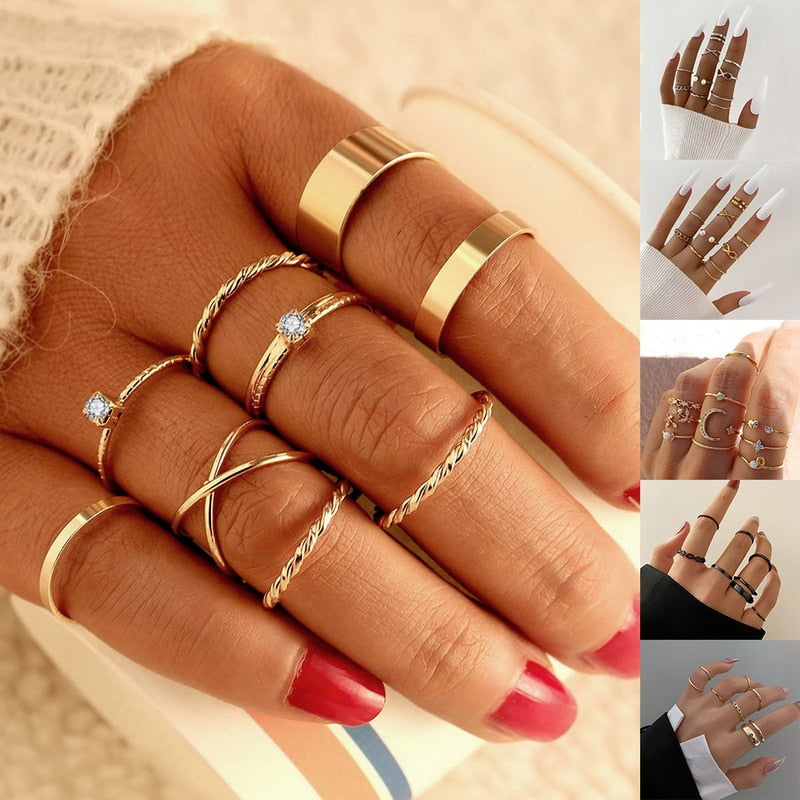 Bohemian Geometric Rings Set For Women Vintage Star Moon Flower Knuckle Finger Ring Women Girl Fashion Jewelry Gift