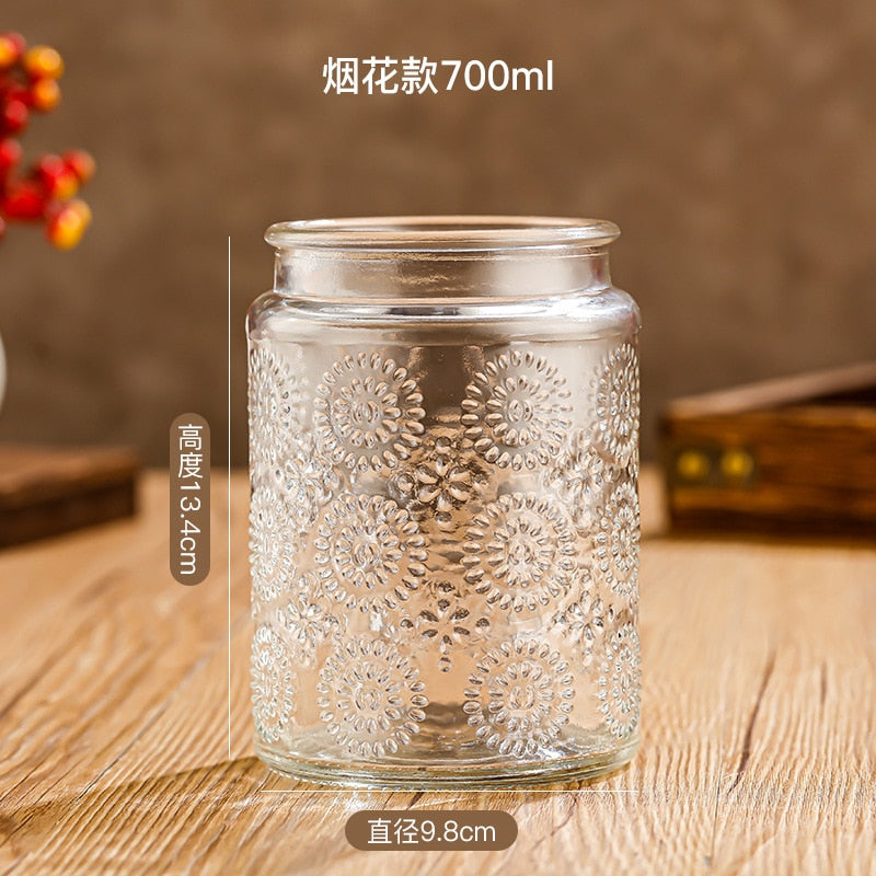 Glass Storage Jar with Lids Kitchen Organization Sealed Container Cereals Tank Food Tea Spice Jar Embossed Storage Glass Bottle