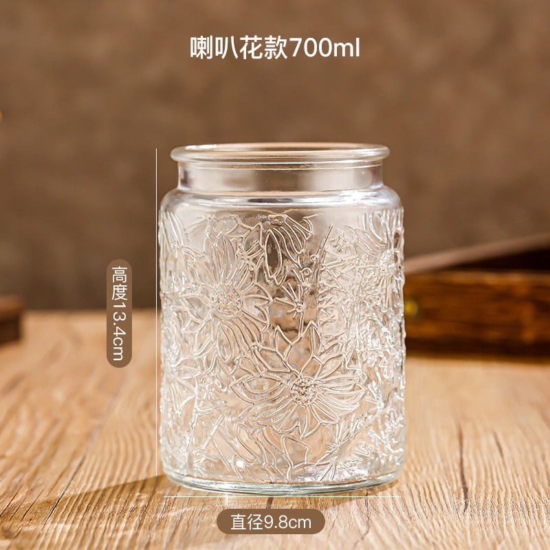 Glass Storage Jar with Lids Kitchen Organization Sealed Container Cereals Tank Food Tea Spice Jar Embossed Storage Glass Bottle