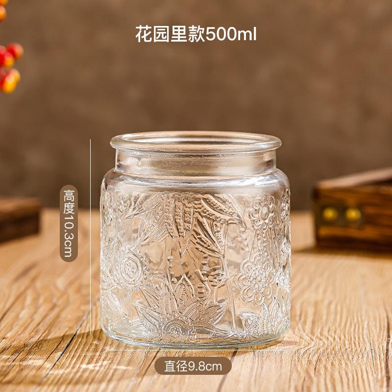 Glass Storage Jar with Lids Kitchen Organization Sealed Container Cereals Tank Food Tea Spice Jar Embossed Storage Glass Bottle