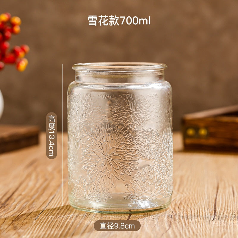 Glass Storage Jar with Lids Kitchen Organization Sealed Container Cereals Tank Food Tea Spice Jar Embossed Storage Glass Bottle