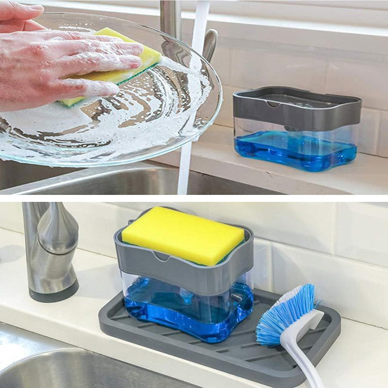 Soap Dispenser with Sponge Holder Cleaning Liquid Pump Dispensers Container Manual Press Home Bathroom Kitchen Clean Accessories