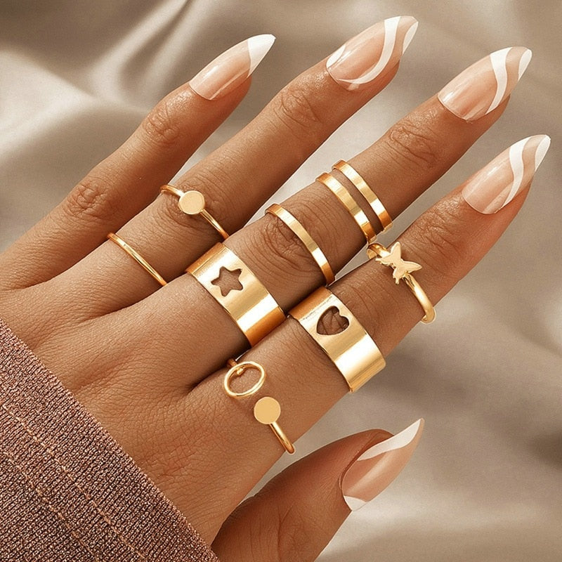 Bohemian Geometric Rings Set For Women Vintage Star Moon Flower Knuckle Finger Ring Women Girl Fashion Jewelry Gift