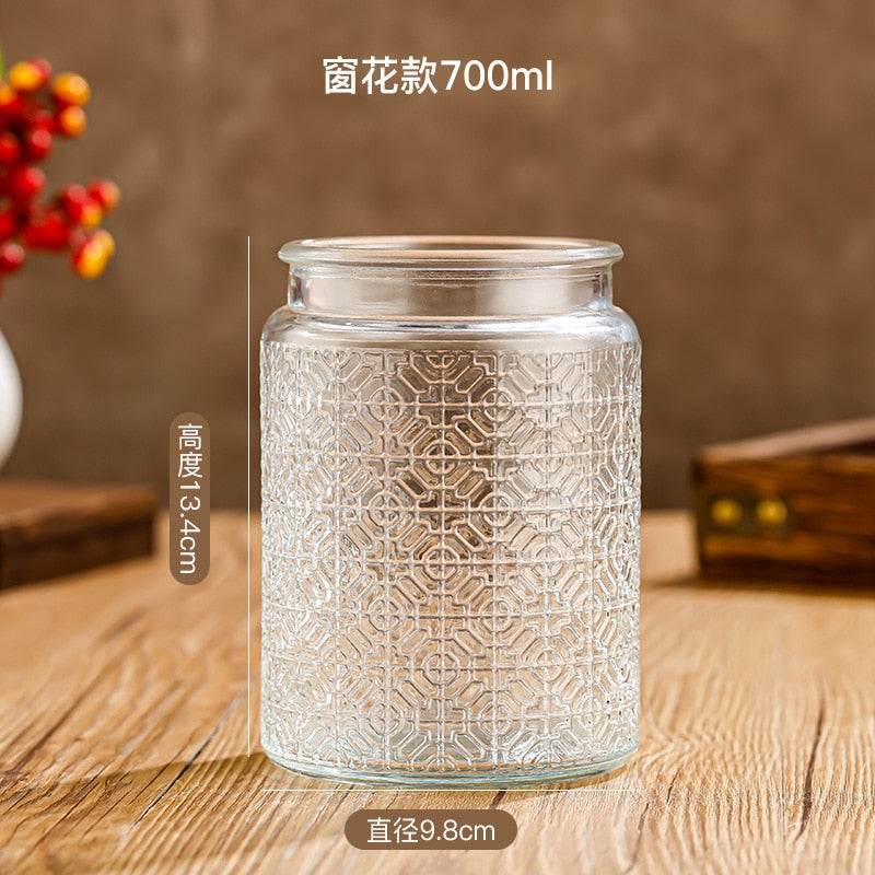 Glass Storage Jar with Lids Kitchen Organization Sealed Container Cereals Tank Food Tea Spice Jar Embossed Storage Glass Bottle