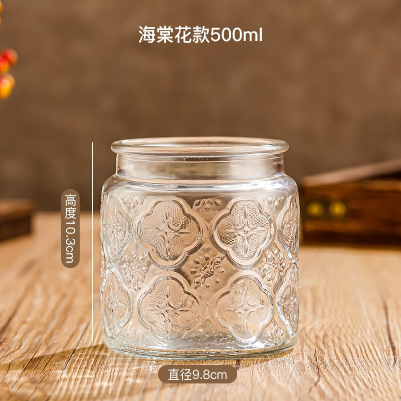 Glass Storage Jar with Lids Kitchen Organization Sealed Container Cereals Tank Food Tea Spice Jar Embossed Storage Glass Bottle