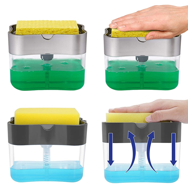 Soap Dispenser with Sponge Holder Cleaning Liquid Pump Dispensers Container Manual Press Home Bathroom Kitchen Clean Accessories