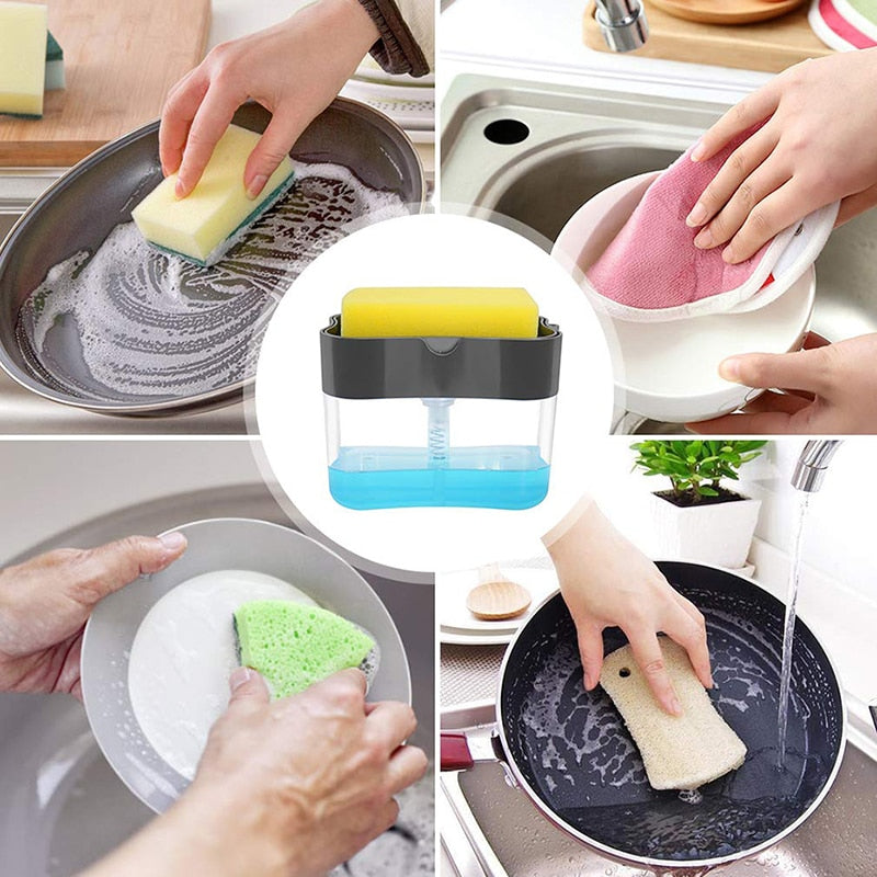 Soap Dispenser with Sponge Holder Cleaning Liquid Pump Dispensers Container Manual Press Home Bathroom Kitchen Clean Accessories