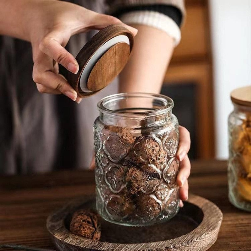 Glass Storage Jar with Lids Kitchen Organization Sealed Container Cereals Tank Food Tea Spice Jar Embossed Storage Glass Bottle