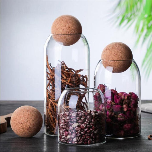 Food Storage Bottle with Round Cork Stopper Glass Sealed Can Bean Sugar Tea Coffee Kit Preservation Container Home Organization