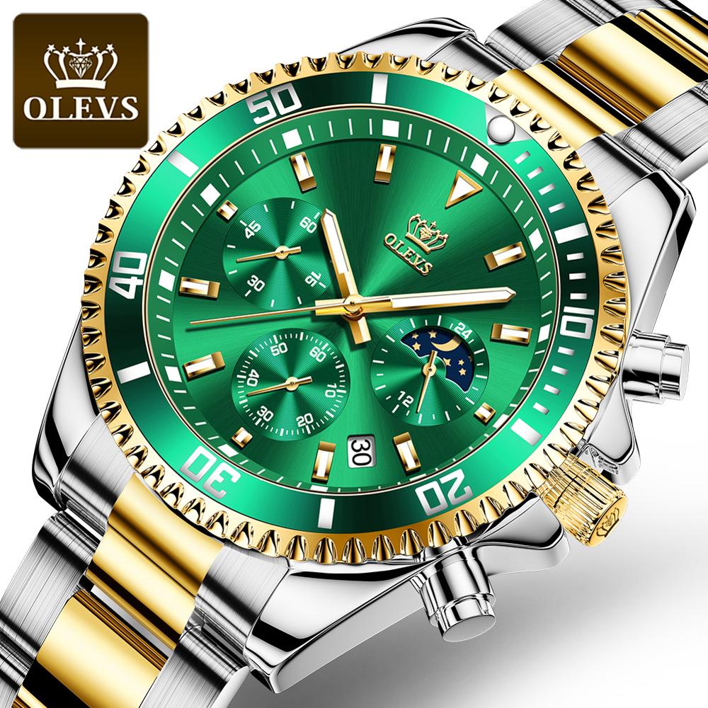 OLEVS Men&#39;s Chronograph Quartz Watches Green Dial Luxury Stainless Steel Watches For Men Waterproof Relogio Masculino Luminous