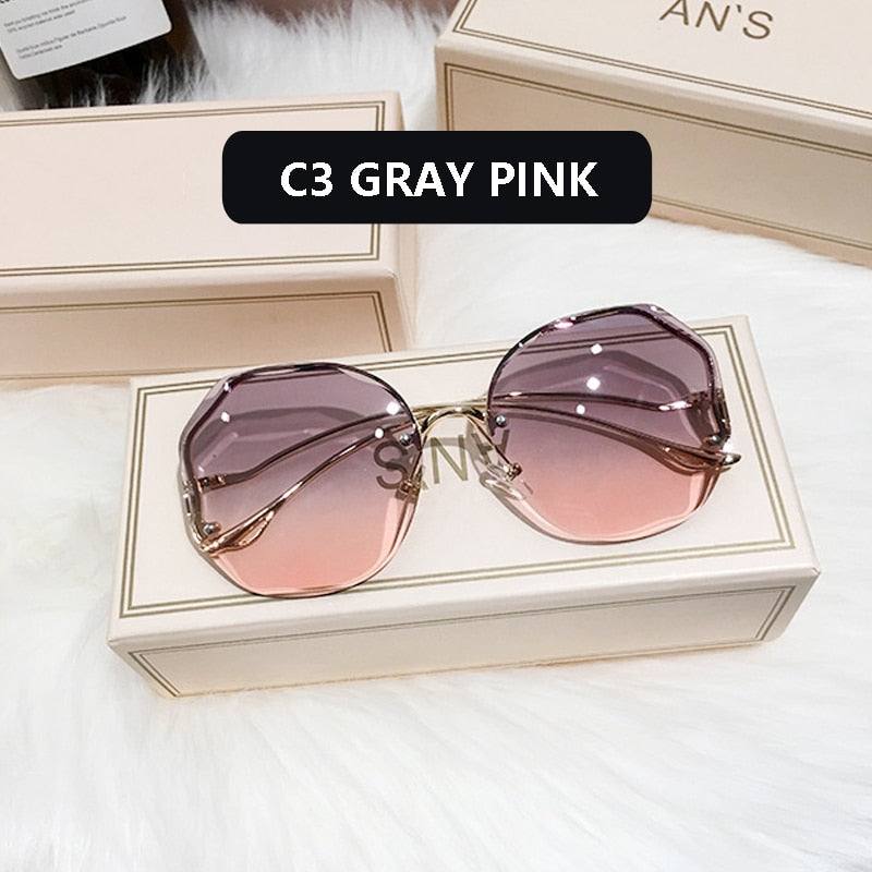 2022 Fashion Tea Gradient Sunglasses Women Ocean Water Cut Trimmed Lens Metal Curved Temples Sun Glasses Female UV400