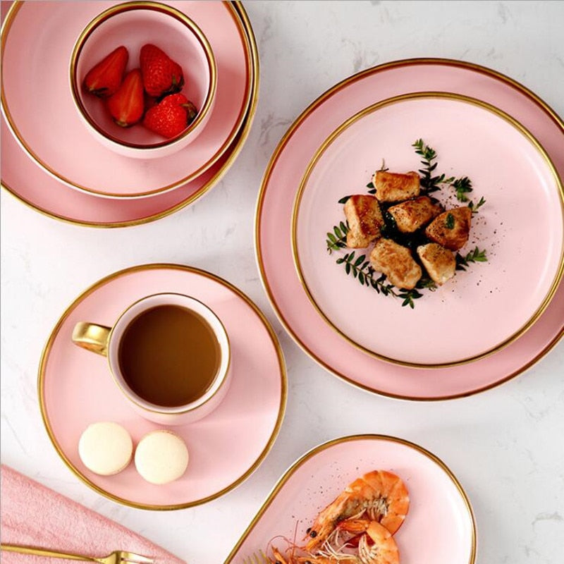 Gilt Rim Pink Porcelain Dinner Plate Set Kitchen Plate Ceramic Tableware Food Dishes Rice Salad Noodles Bowl Mug Cutlery Set 1pc