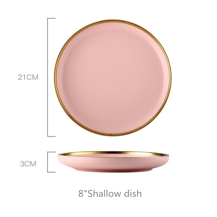 Gilt Rim Pink Porcelain Dinner Plate Set Kitchen Plate Ceramic Tableware Food Dishes Rice Salad Noodles Bowl Mug Cutlery Set 1pc