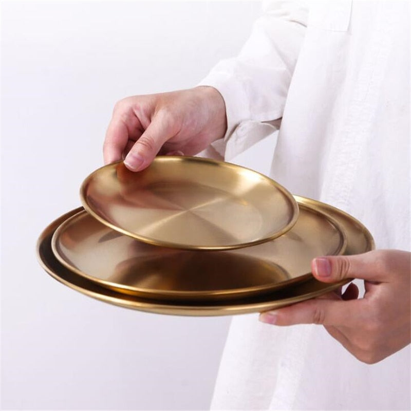 European Style Dinner Plates Gold Dining Plate Serving Dishes Round Plate Cake Tray Western Steak Round Tray Kitchen Plates