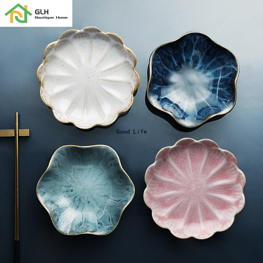 11CM Lotus Ceramic Plate Porcelain Kiln Glazed Flower Shape Sauce Dish Japan Style Pickle Dip Serving Dishes