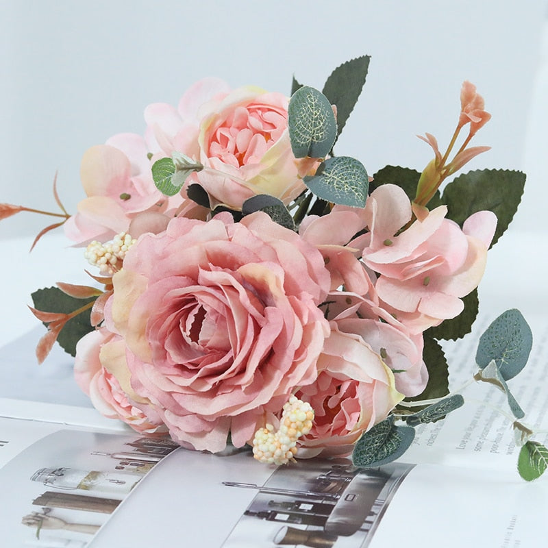 Beautiful Hydrangea Roses Artificial Flowers for Home Wedding Decorations High Quality Autumn Bouquet Mousse Peony Fake Flower