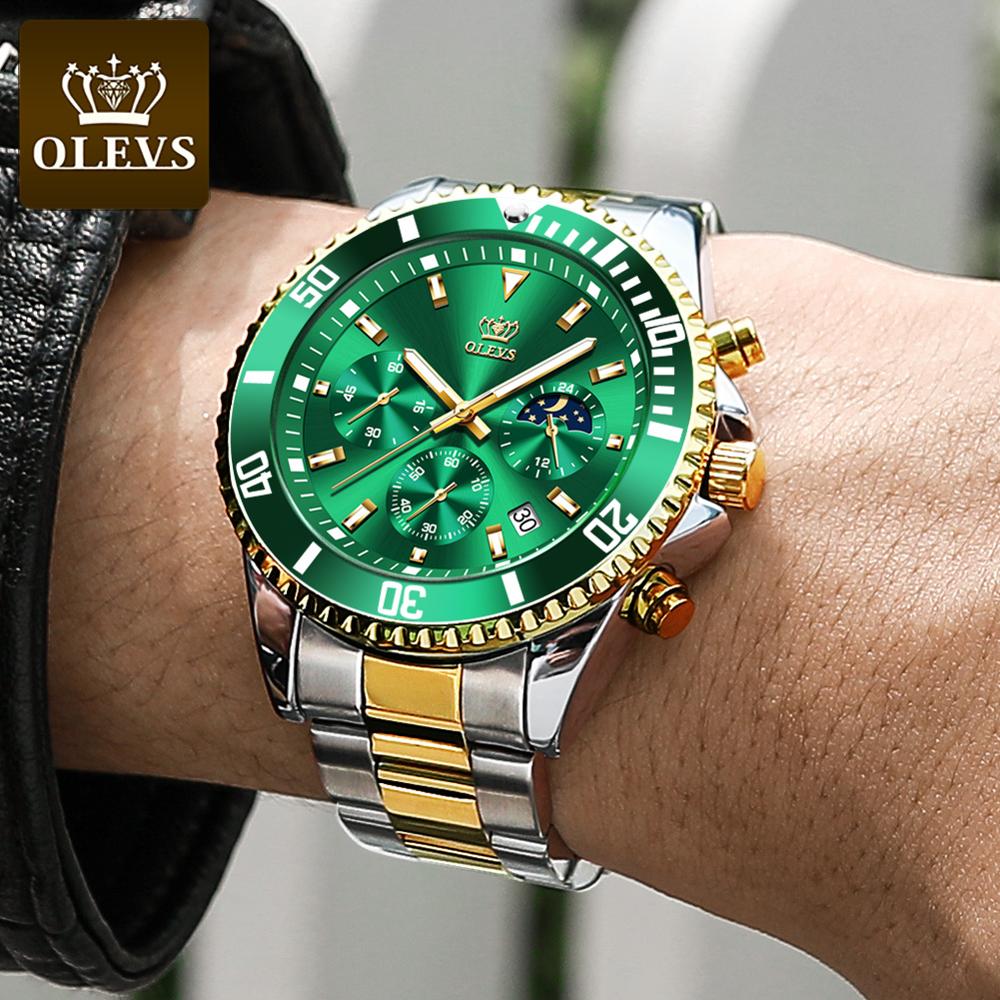 OLEVS Men&#39;s Chronograph Quartz Watches Green Dial Luxury Stainless Steel Watches For Men Waterproof Relogio Masculino Luminous