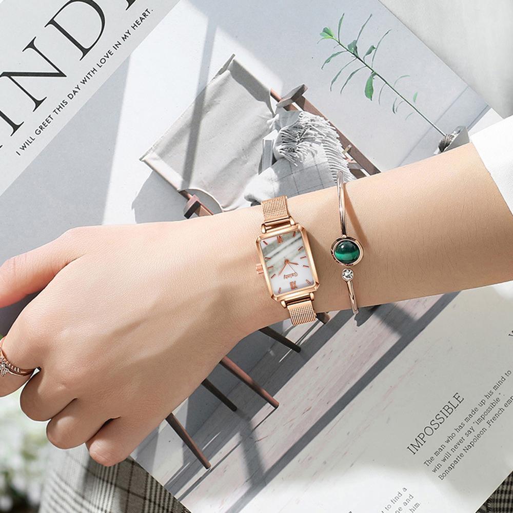 Gaiety Brand Women Watches Fashion Square Ladies Quartz Watch Bracelet Set Green Dial Simple Rose Gold Mesh Luxury Women Watches