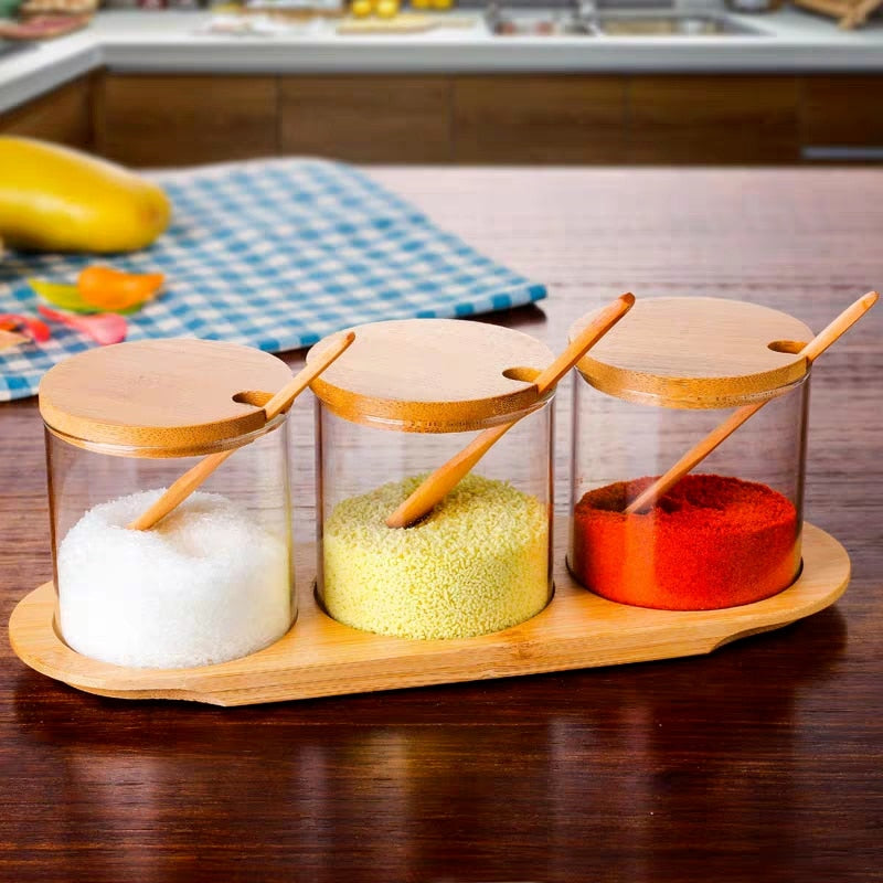 Spice Organizer Glass Seasoning Box Bottle Salt Pepper Shakers Sugar Container Storage Jar with Wooden Spoon Kitchen Accessories