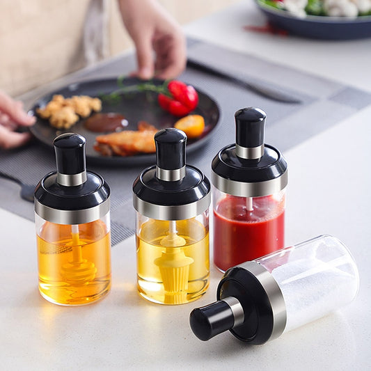 Glass Integrated Spice Bottles Jars Seasoning Spoon Oil Brush Honey Bar Lid Seal Sauce Kitchen Storage Boxes Organization Items