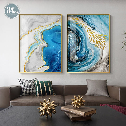 Abstract Watercolor river golden lines Wall Poster Print Modern Canvas Painting Art Living Room Decoration Pictures Home Decor