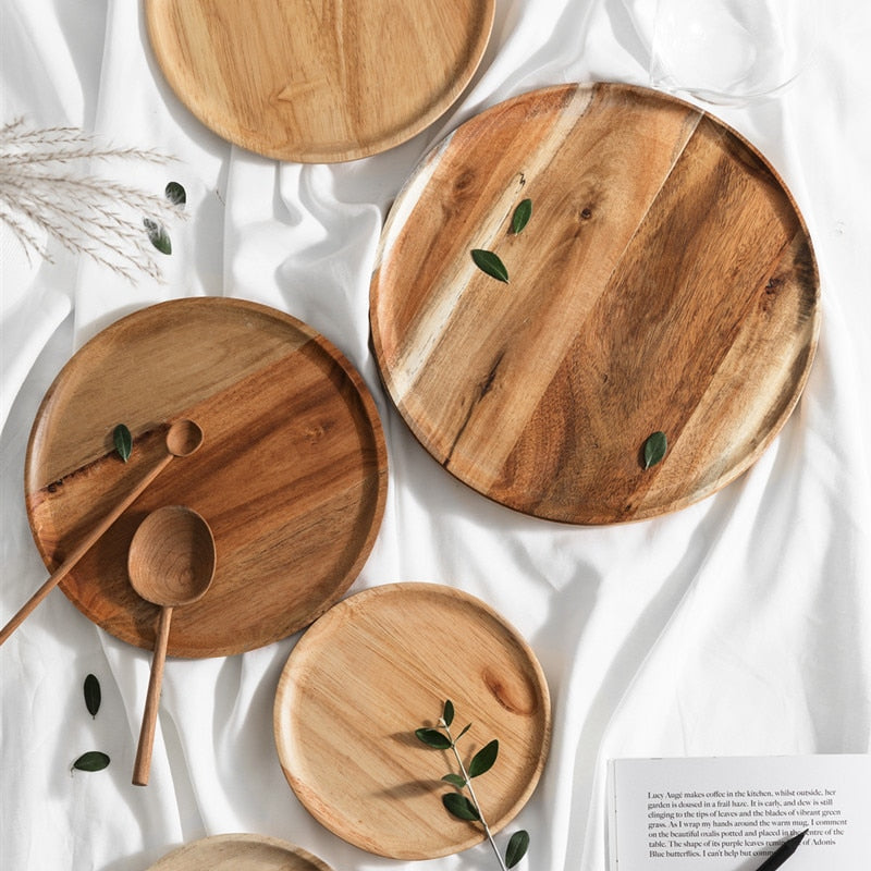 Wooden Round Tray Rubberwood Acacia Wood Breakfast Dishes Japanese Style Household Fruit Plate Dessert Plates Wooden Saucer