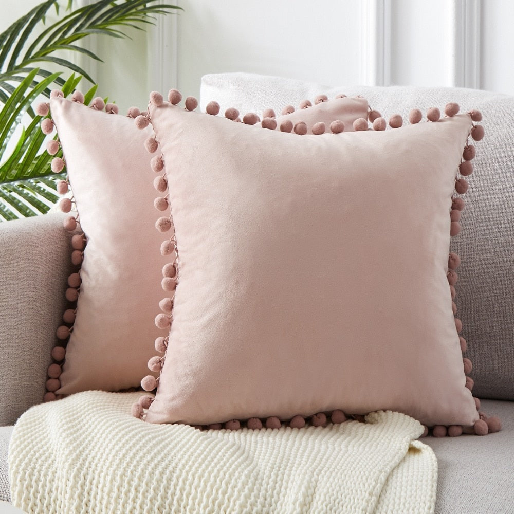 Green Blue Grey Pink Solid Velvet Decorative Pillows Case Soft Velvet Cushion Cover With Pompom Ball Sofa Pillow Cover 30x50cm