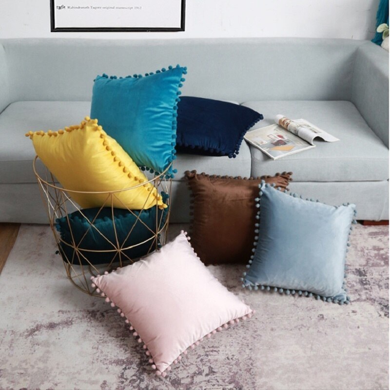 Green Blue Grey Pink Solid Velvet Decorative Pillows Case Soft Velvet Cushion Cover With Pompom Ball Sofa Pillow Cover 30x50cm