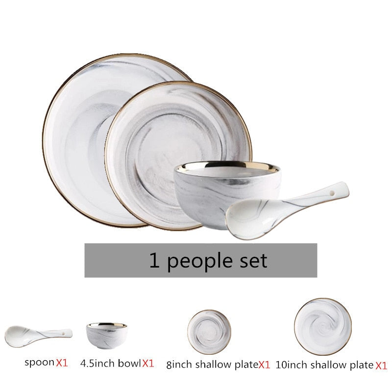 Gold Marble Ceramic Food Tray Kitchen Dinner Plates Dishes Rice Salad Noodles Soup Bowl Spoons Kitchen Cook Tool