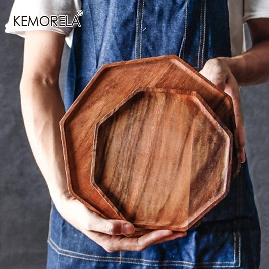 Creative Acacia Wood Plate Dishes Rectangle Octagonal Food Dessert Tea Dinner Tray Kitchenware Dinnerware Outdoor Tableware