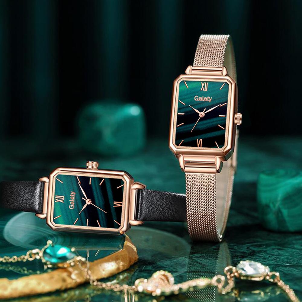 Gaiety Brand Women Watches Fashion Square Ladies Quartz Watch Bracelet Set Green Dial Simple Rose Gold Mesh Luxury Women Watches