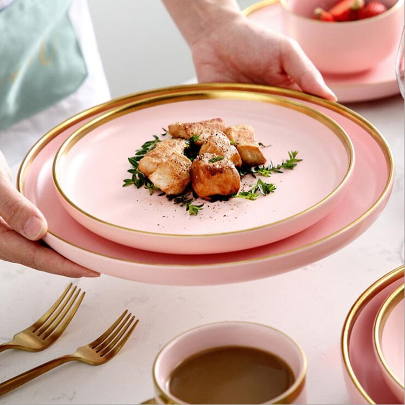 Gilt Rim Pink Porcelain Dinner Plate Set Kitchen Plate Ceramic Tableware Food Dishes Rice Salad Noodles Bowl Mug Cutlery Set 1pc