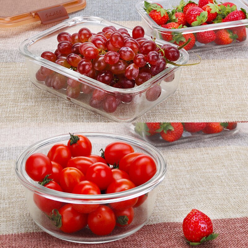 Glass Lunch Box Microwave Bento Heating Refrigerated Sealed Leakproof Food Container Storage Transparent Lid Round Square Box