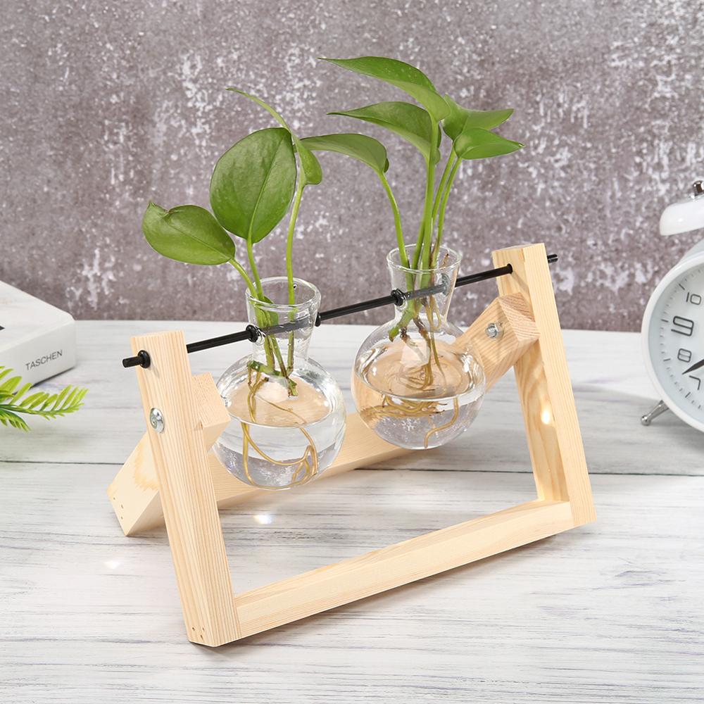 Glass and Wood Vase Planter Terrarium Table Desktop Hydroponics Plant Bonsai Flower Pot Hanging Pots with Wooden Tray Home Decor