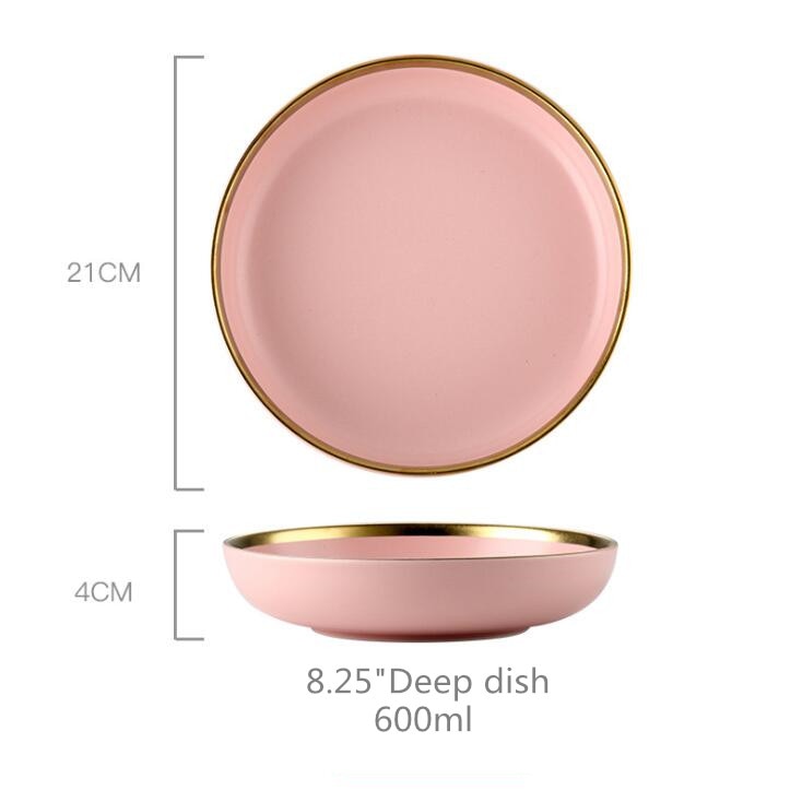 Gilt Rim Pink Porcelain Dinner Plate Set Kitchen Plate Ceramic Tableware Food Dishes Rice Salad Noodles Bowl Mug Cutlery Set 1pc