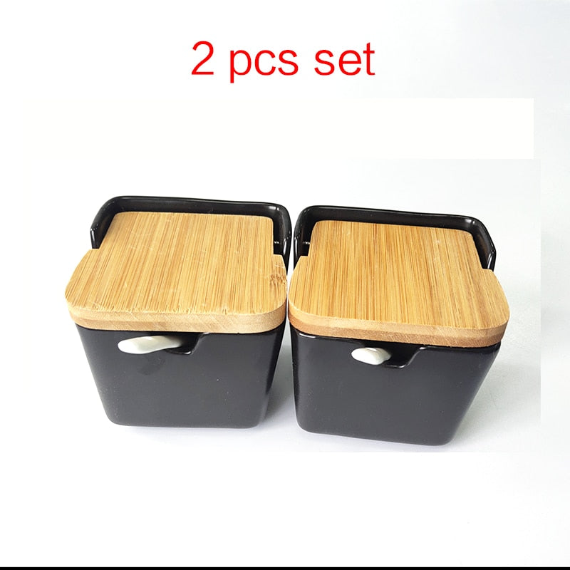 Set of  Ceramic Seasoning Rack Spice Pots Bowls With Spoon &amp; Porcelain Box and Bamboo Cover - Storage Container Condiment Jars