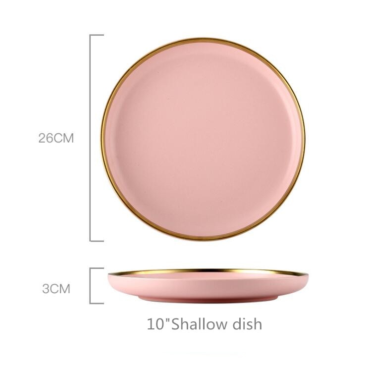 Gilt Rim Pink Porcelain Dinner Plate Set Kitchen Plate Ceramic Tableware Food Dishes Rice Salad Noodles Bowl Mug Cutlery Set 1pc