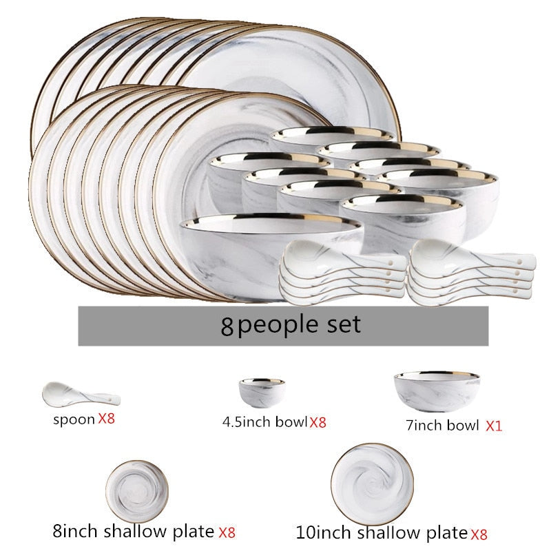 Gold Marble Ceramic Food Tray Kitchen Dinner Plates Dishes Rice Salad Noodles Soup Bowl Spoons Kitchen Cook Tool