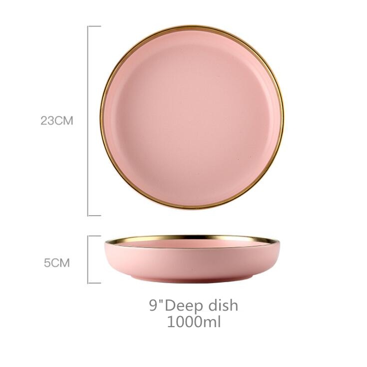 Gilt Rim Pink Porcelain Dinner Plate Set Kitchen Plate Ceramic Tableware Food Dishes Rice Salad Noodles Bowl Mug Cutlery Set 1pc