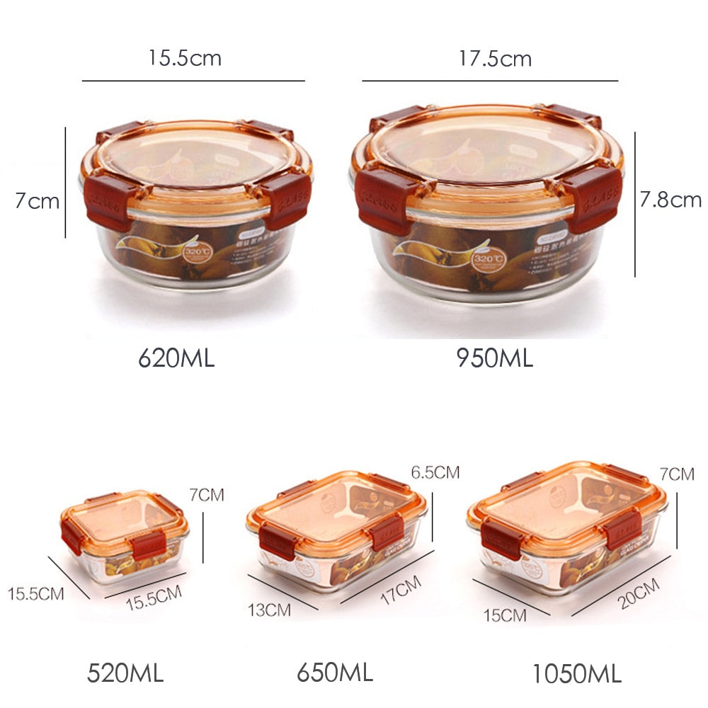 Glass Lunch Box Microwave Bento Heating Refrigerated Sealed Leakproof Food Container Storage Transparent Lid Round Square Box