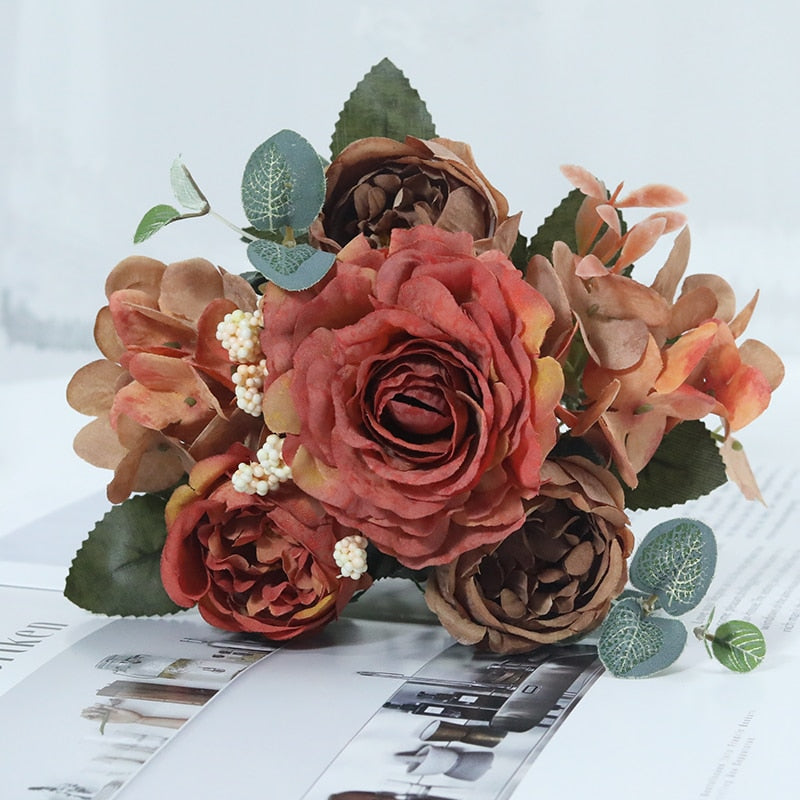 Beautiful Hydrangea Roses Artificial Flowers for Home Wedding Decorations High Quality Autumn Bouquet Mousse Peony Fake Flower