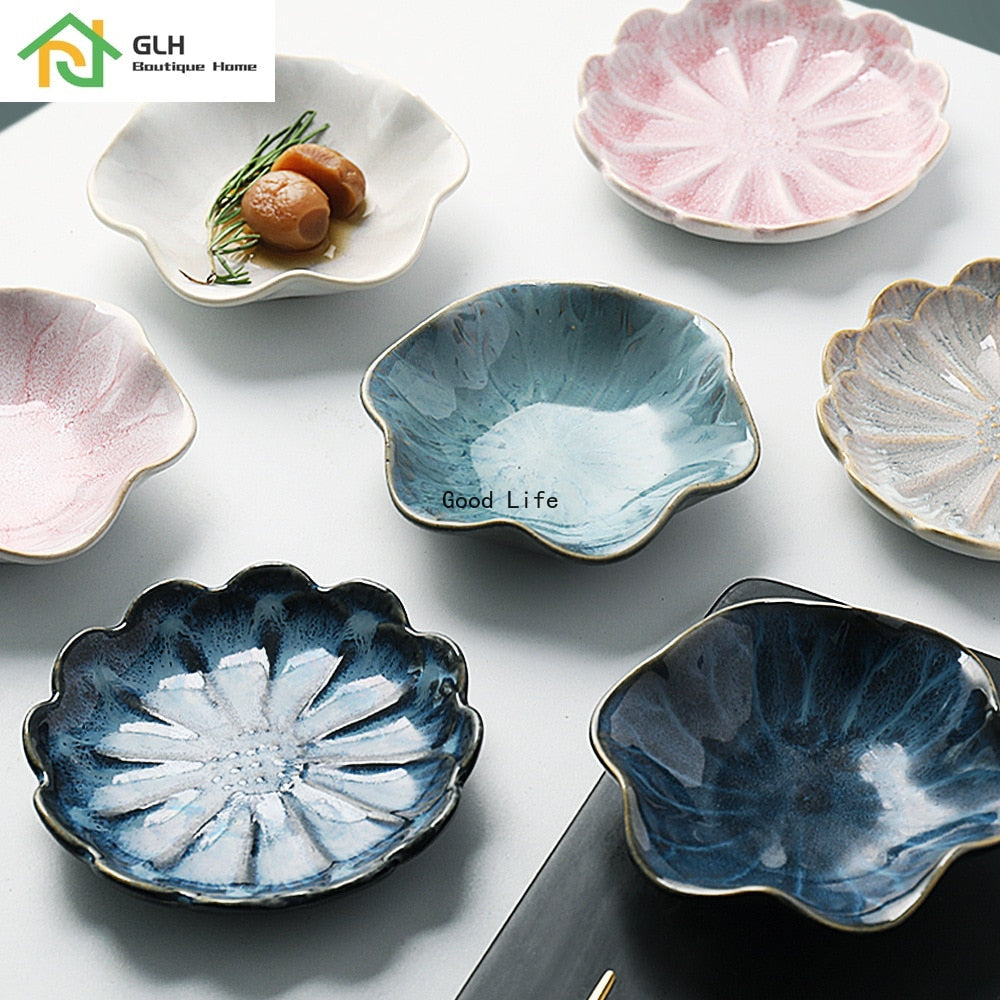 11CM Lotus Ceramic Plate Porcelain Kiln Glazed Flower Shape Sauce Dish Japan Style Pickle Dip Serving Dishes