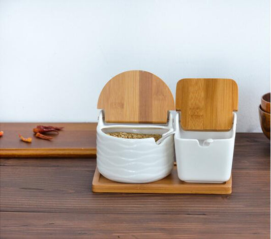 Set of  Ceramic Seasoning Rack Spice Pots Bowls With Spoon &amp; Porcelain Box and Bamboo Cover - Storage Container Condiment Jars
