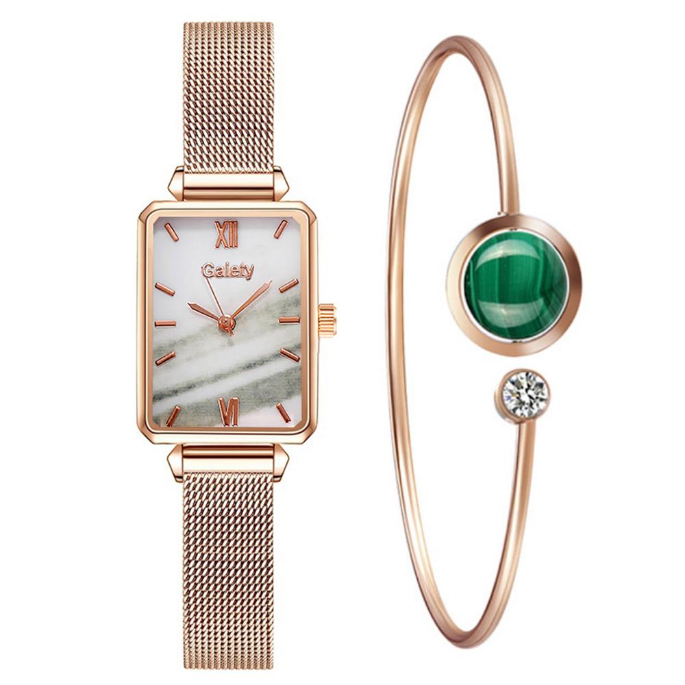 Gaiety Brand Women Watches Fashion Square Ladies Quartz Watch Bracelet Set Green Dial Simple Rose Gold Mesh Luxury Women Watches