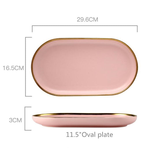 Gilt Rim Pink Porcelain Dinner Plate Set Kitchen Plate Ceramic Tableware Food Dishes Rice Salad Noodles Bowl Mug Cutlery Set 1pc