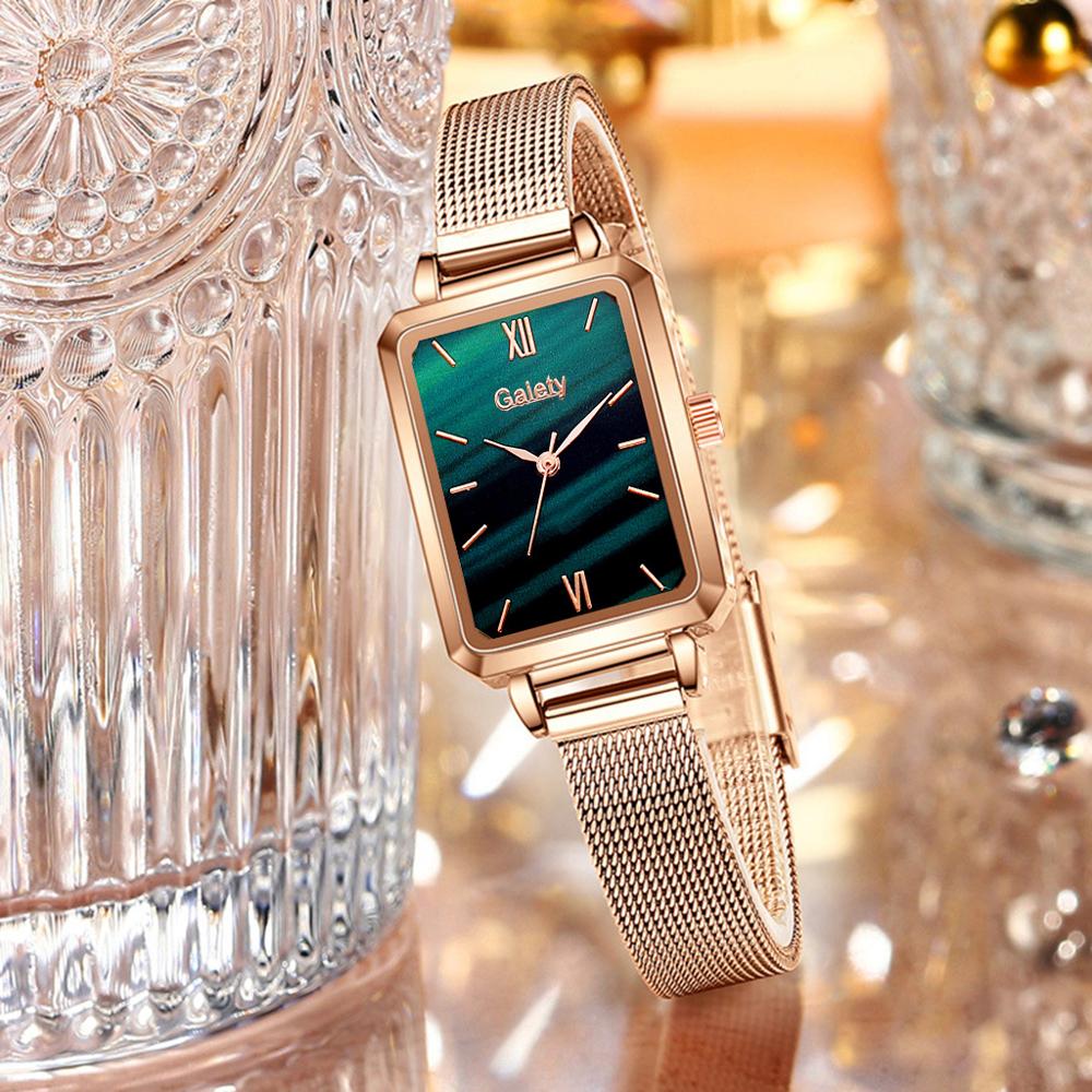 Gaiety Brand Women Watches Fashion Square Ladies Quartz Watch Bracelet Set Green Dial Simple Rose Gold Mesh Luxury Women Watches