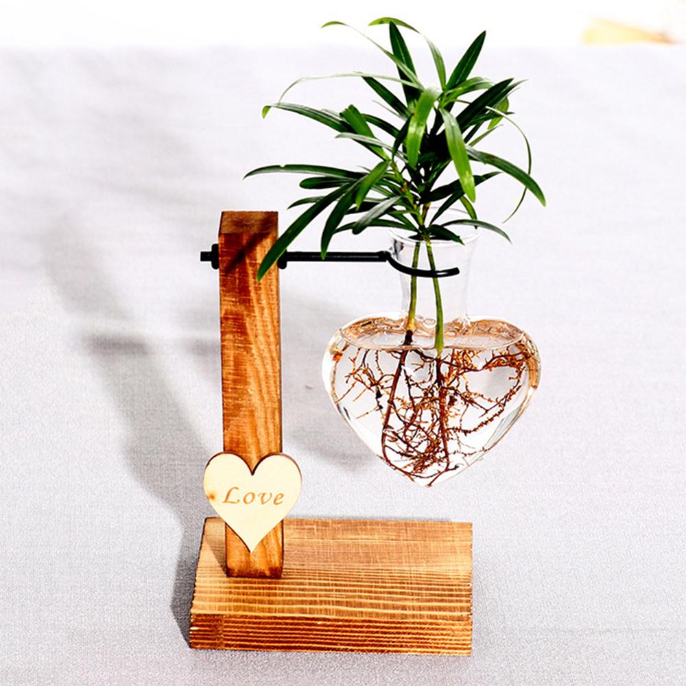 Glass and Wood Vase Planter Terrarium Table Desktop Hydroponics Plant Bonsai Flower Pot Hanging Pots with Wooden Tray Home Decor