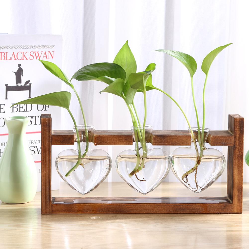 Glass and Wood Vase Planter Terrarium Table Desktop Hydroponics Plant Bonsai Flower Pot Hanging Pots with Wooden Tray Home Decor