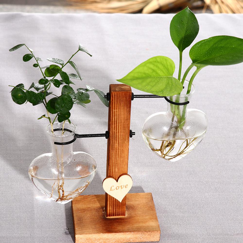 Glass and Wood Vase Planter Terrarium Table Desktop Hydroponics Plant Bonsai Flower Pot Hanging Pots with Wooden Tray Home Decor