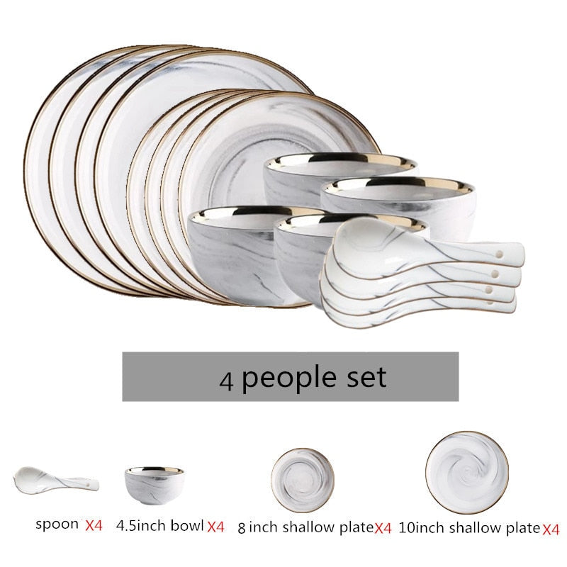 Gold Marble Ceramic Food Tray Kitchen Dinner Plates Dishes Rice Salad Noodles Soup Bowl Spoons Kitchen Cook Tool